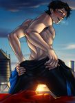  2boys ass black_hair bludwing blue_eyes blush bulge looking_at_viewer male_focus multiple_boys muscle naughty_face nightwing outdoors penis pov smile undressing yaoi 