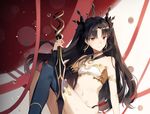  aiko_(kanl) bad_id bad_pixiv_id black_hair black_legwear black_ribbon breasts commentary_request earrings fate/grand_order fate_(series) hair_ribbon holding holding_weapon ishtar_(fate/grand_order) jewelry long_hair long_legs looking_at_viewer mismatched_legwear navel red_eyes ribbon single_thighhigh sitting small_breasts solo thighhighs twintails weapon 
