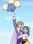  1girl blue_eyes blue_hair brown_hair crystal_(pokemon) day gen_2_pokemon hat hug jumpluff looking_at_another minaki_(pokemon) moyori pokemon pokemon_(creature) pokemon_(game) pokemon_gsc sky twintails 