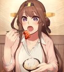  ahoge alternate_costume artist_name blush bowl brown_hair chopsticks collarbone commentary_request double_bun eating enosan food hairband headgear highres holding holding_bowl holding_chopsticks indoors jacket kantai_collection kongou_(kantai_collection) long_hair long_sleeves looking_at_viewer open_mouth pink_jacket purple_eyes revision rice rice_bowl shirt solo upper_body wall white_shirt yakiniku 