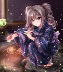  alternate_costume commentary_request drill_hair fireflies fireworks highres idolmaster idolmaster_cinderella_girls idolmaster_cinderella_girls_starlight_stage japanese_clothes kanzaki_ranko kimono long_hair looking_at_viewer night obi red_eyes sandals sash senkou_hanabi silver_hair smile solo sparkler squatting tdnd-96 twin_drills twintails wide_sleeves yukata 