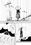  1girl akitsu_maru_(kantai_collection) boushi-ya bush coat comic commentary_request creature fangs fire_hydrant greyscale holding holding_umbrella horns kantai_collection looking_to_the_side monochrome outdoors rain short_hair spoken_exclamation_mark standing translation_request umbrella walking wall 