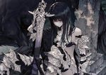  armor black_hair black_legwear blood breasts cleavage fantasy grass ivy knee_pads long_hair looking_at_viewer original purple_eyes scar scar_across_eye shoulder_plates skeleton small_breasts sword thighhighs tombstone torn_clothes torn_legwear wanke weapon white_skin wolf 