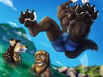  azmarai bulge canine clothed clothing coal_(samt517) dannydumal detailed_background dog feline foot_focus hindpaw husky jumping larger_male lion looking_up male mammal outside partially_clothed paws pounce size_difference solaxe_(artist) squash swimming topless water wolf 