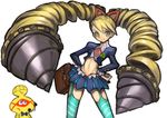  arms_(game) big_hair blonde_hair blue_legwear breasts cosplay dakusuta drill_hair highres long_hair looking_at_viewer midriff parody rockman ryuusei_no_rockman shirogane_luna skirt small_breasts solo striped striped_legwear thighhighs twintails twintelle_(arms) 