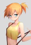  bad_id bad_pixiv_id bangs blush closed_mouth collarbone commentary_request eyebrows_visible_through_hair grey_background hand_up kasumi_(pokemon) looking_to_the_side orange_hair pokemon pokemon_(anime) pokemon_(classic_anime) ponytail short_hair side_ponytail simple_background solo suspenders suspenders_pull tank_top tsurime upper_body waero 