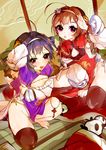  areola_slip areolae azur_lane black_hair breasts brown_hair chinese_clothes commentary_request diadem hair_ornament highres multiple_girls nanjiyibei ning_hai_(azur_lane) panties ping_hai_(azur_lane) purple_eyes red_eyes seiza siblings side-tie_panties sisters sitting small_breasts squatting underwear 