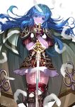  blue_eyes blue_hair boots eirika fingerless_gloves fire_emblem fire_emblem:_seima_no_kouseki gloves holding holding_sword holding_weapon kero_sweet long_hair looking_at_viewer pauldrons sidelocks simple_background skirt solo sword thigh_boots thighhighs weapon zettai_ryouiki 