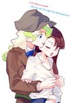  blonde_hair blush brown_hair commentary_request couple diana_cavendish dressing dressing_another english hat hug hug_from_behind kagari_atsuko little_witch_academia milk_puppy multiple_girls one_eye_closed simple_background white_background yuri 