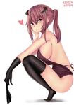  1girl black_gloves black_legwear black_panties breasts brown_hair demon_girl demon_horns female full_body gloves highres horned_girl_(jaco) horns kraken_(artist) large_breasts licking_lips long_hair no_panties panties panties_removed ponytail profile red_eyes sideboob simple_background solo squatting succubus thighhighs tongue white_background 