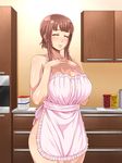  1girl amafuwa_mama_no_iru_seikatsu apron bangs blush breasts brown_hair cleavage enoshima_iki eyes_closed hair_up hands_together highres huge_breasts indoors kitchen legs long_hair mound_of_venus naked_apron original smile solo standing sweat thighs 