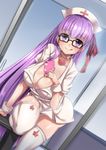  :q ayuayu_(shouyu_no_sato) bb_(fate)_(all) bb_(fate/extra_ccc) bb_shot! blush breasts cellphone choker cleavage fate/extra fate/extra_ccc fate/grand_order fate_(series) glasses hat huge_breasts long_hair looking_at_viewer mirror nurse_cap phone purple_eyes purple_hair reflection smartphone smile solo thighhighs tongue tongue_out white_legwear 
