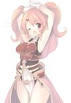  ;o armor armpits arms_up blush breastplate cape circlet cowboy_shot fire_emblem fire_emblem_echoes:_mou_hitori_no_eiyuuou gloves long_hair mae_(fire_emblem) one_eye_closed open_mouth pink_hair red_eyes simple_background smile solo standing stretch tears teu_(navy) tiara twintails white_background yawning 