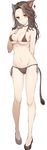  :3 animal_ears bikini breasts brown_bikini brown_footwear cameltoe character_request closed_mouth collarbone copyright_request eyebrows_visible_through_hair flats forehead full_body hand_on_own_chest hand_up highres jpeg_artifacts long_hair looking_at_viewer medium_breasts micro_bikini navel rikoma shoes side-tie_bikini simple_background smile solo standing swimsuit tail thighs tsurime white_background 