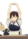  :&lt; arms_up blush_stickers brown_hair closed_eyes commentary_request desk desk_lamp hair_between_eyes highres japanese_clothes kaga_(kantai_collection) kantai_collection lamp masukuza_j muneate no_nose phone rotary_phone short_hair short_sleeves side_ponytail simple_background solo stretch tasuki upper_body white_background 