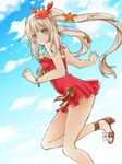  backlighting bangs bare_arms bare_legs bare_shoulders blue_sky blunt_bangs blush bow bracelet breasts brown_footwear casual_one-piece_swimsuit closed_mouth cloud cloudy_sky commentary_request crab_hair_ornament day dutch_angle eyebrows_visible_through_hair eyes_visible_through_hair fate/grand_order fate_(series) frilled_swimsuit frills from_side halterneck hands_up high_heels highres jewelry leg_up light_brown_hair light_smile long_hair looking_at_viewer looking_to_the_side marie_antoinette_(fate/grand_order) marie_antoinette_(swimsuit_caster)_(fate) medium_breasts multicolored_bow one-piece_swimsuit open_toe_shoes outdoors parted_bangs red_swimsuit sandals sasaki_kuro seashell_hair_ornament shade shoes sidelocks sky solo standing standing_on_one_leg starfish_hair_ornament striped striped_bow swimsuit twintails very_long_hair wedge_heels 