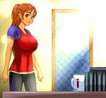  1girl 2d blue_shirt breasts giant giantess huge_breasts inchling leggings legwear long_hair looking_at_viewer peli_vallus ponytail red_dress red_eyes red_hair saffireprowler sideboob size_difference small_man small_woman taut_clothes taut_shirt undershirt 