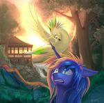  2017 avian bird blue_eyes blue_hair day duo equine feathered_wings feathers female feral friendship_is_magic hair horn mammal my_little_pony open_mouth outside princess_luna_(mlp) rublegun sky smile teeth unicorn wings yellow_feathers 