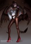  ass banned_artist bare_shoulders belt black_hair black_wings breasts cleavage detached_sleeves feathered_wings feathers hand_on_hip high_heels highres large_breasts legs leotard lips long_legs looking_at_viewer pants realistic red_eyes shameimaru_aya skin_tight solo tight tight_pants touhou watermark web_address wings yinan_cui 