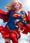  animal blonde_hair blue_eyes blue_sky boots cape cat cloud covered_navel day dc_comics emblem highres looking_at_viewer medium_hair midair realistic red_cape red_legwear red_skirt signature skirt sky smile stanley_lau streaky_the_supercat sunlight supergirl superhero superman_(series) thigh_boots thighhighs zettai_ryouiki 