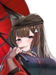  1girl amagi_(azur_lane) animal_ears azur_lane bangs blunt_bangs brown_gloves brown_hair fox_ears gloves hair_ornament highres japanese_clothes kimono long_hair looking_at_viewer oriental_umbrella purple_eyes schreibe_shura simple_background smile solo umbrella upper_body white_background 