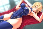  ahoge armpits artoria_pendragon_(all) artoria_pendragon_(lancer) bare_shoulders blonde_hair blue_legwear blue_leotard blush braid breasts cape cleavage closed_mouth commentary_request covered_navel crown damao_yu eyebrows_visible_through_hair fate/grand_order fate_(series) fur_trim green_eyes highleg highleg_leotard highres indoors large_breasts leotard looking_at_viewer lying md5_mismatch on_back smile solo thighhighs 