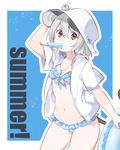  akagashi_hagane animal_ears bikini bikini_skirt blue_bikini breasts cleavage cowboy_shot food food_in_mouth grey_hair hat hood hoodie innertube jewelry looking_at_viewer mouse mouse_ears mouse_tail mouth_hold navel nazrin open_clothes open_hoodie pendant popsicle red_eyes short_hair small_breasts solo stomach sweat swimsuit tail touhou white_hat 