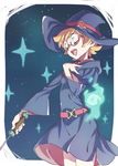  belt closed_eyes freckles glasses hat highres hooded_robe little_witch_academia lotte_jansson magic music open_mouth orange_hair pink-framed_eyewear robe semi-rimless_eyewear short_hair singing solo star tama_(tama-s) under-rim_eyewear wand wide_sleeves witch witch_hat 
