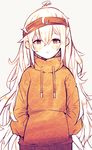  artist_name bangs beige_background blush brown_eyes commentary eyebrows_visible_through_hair g11_(girls_frontline) girls_frontline hairband half-closed_eyes hands_in_pocket hands_in_pockets highres hood hoodie long_hair looking_at_viewer messy_hair parted_lips signature simple_background solo tareme tosyeo upper_body very_long_hair white_hair 