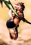  anthro armor blue_eyes breasts drauk ever_oasis eyelashes female lizard melee_weapon midriff miura navel nintendo polearm reptile sand scalie solo spear tongue tongue_out video_games weapon 数寄屋 