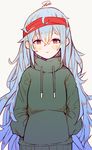  artist_name bangs beige_background blue_hair blush brown_eyes eyebrows_visible_through_hair g11_(girls_frontline) girls_frontline gradient_hair hairband half-closed_eyes hands_in_pocket hands_in_pockets highres hood hoodie long_hair looking_at_viewer messy_hair multicolored_hair parted_lips signature simple_background solo tareme tosyeo upper_body very_long_hair 