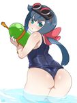  ass bare_shoulders blue_eyes blue_hair blush bow breasts constanze_amalie_von_braunschbank-albrechtsberger from_behind goggles goggles_on_head hair_bow half-closed_eyes highres lightsource little_witch_academia long_hair looking_at_viewer looking_back one-piece_swimsuit plump ponytail simple_background skindentation small_breasts solo sweatdrop swimsuit thick_eyebrows wading water water_gun wet wet_clothes white_background 
