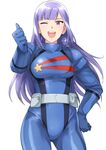  bangs blunt_bangs blunt_ends breasts commentary earrings gundam gundam_zz hand_on_hip highres jewelry long_hair medium_breasts one_eye_closed open_mouth pilot_suit purple_eyes purple_hair roux_louka simple_background smile solo thumbs_up tsurui white_background 