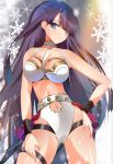  1girl bangs bikini blue_eyes blunt_bangs breasts commentary_request fate/grand_order fate_(series) hand_on_hip highres holy_maiden&#039;s_teaching large_breasts light_smile long_hair navel navel_cutout purple_hair saint_martha smug snowflake_background solo swimsuit thigh_strap very_long_hair waist_cape white_bikini wrestling_outfit wristband yahoo0124 