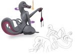  2016 amphibian animal_genitalia anthro black_skin bra cloaca clothing disembodied_penis duo erection feet female fire fire_breathing half_naked horizontal_cloaca humanoid_penis long_tongue male male/female monochrome multiple_images nintendo nude oral paws penis pink_skin pok&eacute;mon purple_eyes salazzle sex simple_background sinful-spector solo solo_focus tongue tongue_out tonguejob underwear video_games white_background 