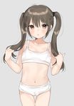  bad_id bad_twitter_id bangs blush bra brown_eyes brown_hair collarbone commentary eyebrows_visible_through_hair flat_chest grey_background hair_between_eyes hands_up highres lips little_mea long_hair looking_at_viewer original panties parted_lips petite sidelocks simple_background solo tsurime twintails underwear underwear_only white_bra white_panties 