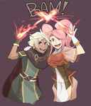  1girl boey_(fire_emblem) cape fire fire_emblem fire_emblem_echoes:_mou_hitori_no_eiyuuou fire_emblem_gaiden gloves heart looking_at_viewer mae_(fire_emblem) magic pink_hair red_eyes simple_background smile twintails white_hair 