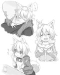  1girl :3 :d =3 ^_^ ^o^ animal_ears apron bald carrying closed_eyes collar dog_collar dog_ears dog_tail eating faceless faceless_male food fork fur-trimmed_hood fur-trimmed_jacket fur_trim glass greyscale hood hood_down hoodie jacket knife monochrome open_mouth original piggyback roke short_hair sleeping smile sparkling_eyes steam sweatdrop tail translation_request v-shaped_eyebrows 