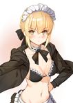  apron artoria_pendragon_(all) bangs bikini black_bikini blonde_hair blush breasts closed_mouth collarbone commentary_request eyebrows_visible_through_hair fate/grand_order fate_(series) frilled_apron frills gradient gradient_background hair_between_eyes hand_on_hip hood hoodie long_hair looking_at_viewer maid_bikini maid_headdress medium_breasts navel open_clothes open_hoodie saber_alter shovelwell sidelocks solo swimsuit tsurime upper_body waist_apron yellow_eyes 