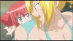  2girls animated animated_gif ass bikini biting blonde_hair breasts cleavage itsudatte_my_santa! loli multiple_girls red_hair talking water 