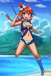  1girl bag beach bikini_top blue_eyes blue_sky blush boots breasts cloud day full_body fuuro_(pokemon) hairclip hill krabby lumineko nature navel ocean outdoors parachute pokemon pokemon_(game) pokemon_bw red_hair short_shorts shorts sky smile solo suspenders underboob 