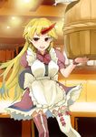  :d alternate_costume apron asymmetrical_legwear barrel blonde_hair blush carrying commentary_request fang highres horn hoshiguma_yuugi long_hair looking_at_viewer nail_polish oni open_mouth pointy_ears red_eyes sake_barrel sinzan smile solo thighhighs touhou waitress wrist_cuffs 