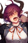  ahoge bad_id bad_pixiv_id blazer blush center_frills commentary_request dragon_horns dragon_wings fangs finger_in_another's_mouth frilled_shirt_collar frills granblue_fantasy grea_(shingeki_no_bahamut) hair_between_eyes head_tilt highres horns jacket looking_at_viewer mouth_pull neck_ribbon open_blazer open_clothes open_jacket open_mouth po._(medamaoyazi) pointy_ears purple_hair red_eyes red_ribbon ribbon shingeki_no_bahamut shirt solo_focus spread_lips teeth tongue tongue_out upper_body uvula white_background white_shirt wings 