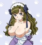  anyamal_tantei_kirumin_zoo breasts dress face frills green_hair haganemaru_kennosuke hairband large_breasts long_hair maid_headdress mikogami_nagisa nipples purple_eyes ribbon solo topless wavy_hair 