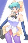  blue_eyes blue_hair bow breasts earrings elbow_gloves gloves hair_bow hat hirose_(mokiki) jewelry kazuki_mai large_breasts lipstick magical_emi magical_girl mahou_no_star_magical_emi makeup pantyhose short_hair solo top_hat very_short_hair yellow_bow 