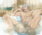  1boy bara bath censored convenient_censoring lowres male_focus masanori nude one_piece partially_submerged smoker smoking solo steam 
