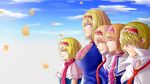  alice_margatroid blonde_hair blue_eyes blush breasts closed_eyes closed_mouth cookie_(touhou) eyebrows_visible_through_hair faceless faceless_female facing_away from_side hairband highres hinase_(cookie) huge_breasts ichigo_(cookie) jigen_(cookie) multiple_girls parted_lips pink_hairband sakamochi sakuranbou_(cookie) short_hair smile taisa_(cookie) teeth touhou 