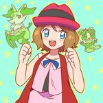  blue_bow blue_eyes bow braixen brown_hair clenched_hands eyewear_on_head gen_6_pokemon hands_up hat looking_at_viewer moyori pancham pokemon pokemon_(anime) pokemon_xy_(anime) serena_(pokemon) short_hair smile star starry_background sunglasses teal_background 