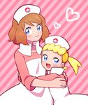  alternate_costume blonde_hair blue_eyes blush brown_hair cosplay eureka_(pokemon) hat heart hug joy_(pokemon) joy_(pokemon)_(cosplay) looking_at_viewer moyori multiple_girls nurse nurse_cap pink_background pokemon pokemon_(anime) pokemon_xy_(anime) serena_(pokemon) short_hair side_ponytail striped striped_background 