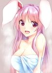  animal_ears bangs breasts bunny_ears cleavage collarbone eyebrows_visible_through_hair kue large_breasts long_hair looking_at_viewer naked_towel open_mouth purple_hair red_eyes reisen_udongein_inaba simple_background solo steam touhou towel upper_body wet wet_hair white_towel 